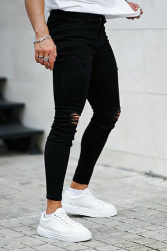 GINGTTO Ripped Jeans Men Stretch Mens Skinny Jeans with Holes Black 36W30L