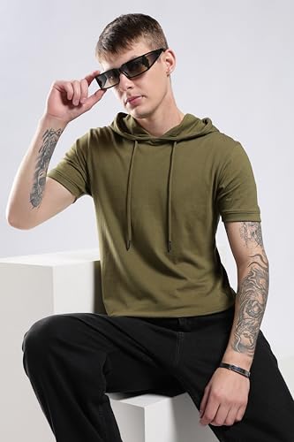 Klizzer Luxury Hoodie for Men - 100% Cotton Short Sleeve Hooded T-Shirts - Lightweight Cool Muscle Tees Pullover, Military Green - 2XL