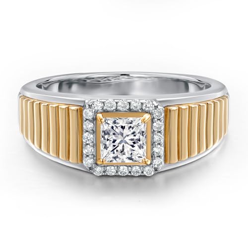 Gem Stone King Princess Cut Ring For Men | 925 Silver and 10K Yellow Gold | 5MM Princess Cut Gemstone Birthstone and 1.2MM Round White Lab Grown Diamond | Available in Size 7-13