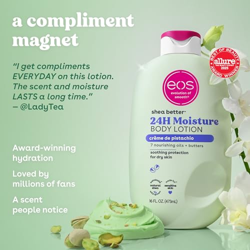 eos Shea Better Body Lotion- Crème de Pistachio, 24-Hour Moisture Skin Care, Lightweight & Non-Greasy, Made with Natural Shea, Vegan, 16 fl oz