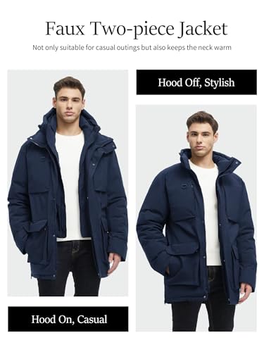 Rejork Long Winter Jackets for Men Faux Two-Piece Waterproof Parka Snow Warm Coats with Hood 2XL