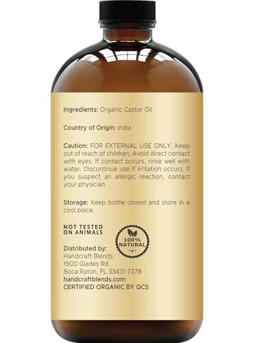 Handcraft Blends Cold-Pressed Organic Castor Oil 16 Fl Oz | Glass Bottle | 100% Pure and Natural | Premium Grade Carrier Oil | Hair, Eyelashes and Eyebrows | Hair and Body