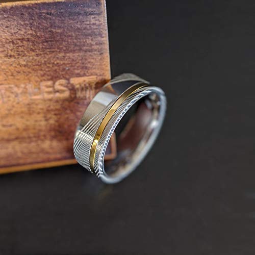 Pillar Styles 14K Gold Damascus Rings for Men 8mm Unique Silver Damascus Steel Wedding Band Mens Gold Ring with Offset Inlay Comfort Fit Engagement Bands