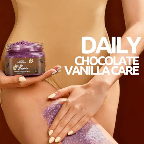 Sweet Shimmer Body Scrub - Exfoliate & Glow for Soft, Radiant Skin - 12 oz / 355ml with Jojoba Oil & Vitamin E for All Skin Types (Vanilla Chocolate)