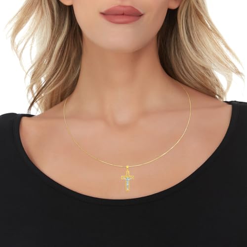 Floreo 14k Yellow Gold 1.1" Greek Key Jesus Crucifix Two-Tone Cross Charm Pendant with Adjustable Chain Necklace, 18 Inch