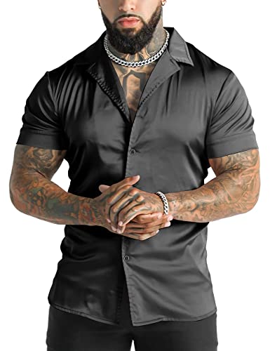 URRU Men's Luxury Shiny Silk Like Satin Dress Shirt Cuban Collar Short Sleeve Casual Slim Fit Muscle Button Up Shirts Black L