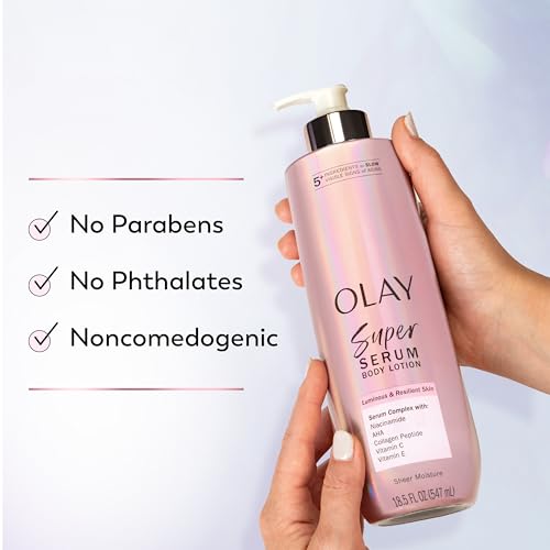 Olay Super Serum Hand & Body Lotion for Dry Skin, 24hr Long Lasting Hydration, 5+ Ingredient Complex for Bright Even Firm Luminous Skin, Sweet Vanilla & Soft Wood Scent, 18.5 fl oz