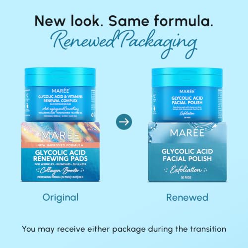 MAREE Glycolic Acid Pads - Toner Pads for Face Cleansing - Exfoliating Pad with Tea Tree Oil, Salicylic Acid & Vitamins E, B3, B5 - Facial Polishes & Peels, Skin Pore Resurfacing & Radiance - 50 Count
