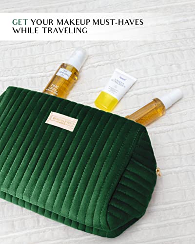 Benevolence LA Plush Velvet Large Makeup Bag for Travel | Cosmetic Pouch, Toiletry Organizer for Women, Large Capacity Bag for Accessories, Quilted Purse - Emerald Green