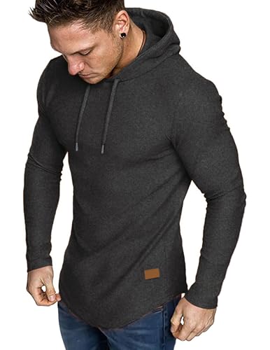 JMIERR Hoodies for Men Fashion Hooded Sweatshirt Long Sleeve Muscle Longline T Shirt Lightweight Fleece Pullover Sweater Shirts, US38(S), Grey
