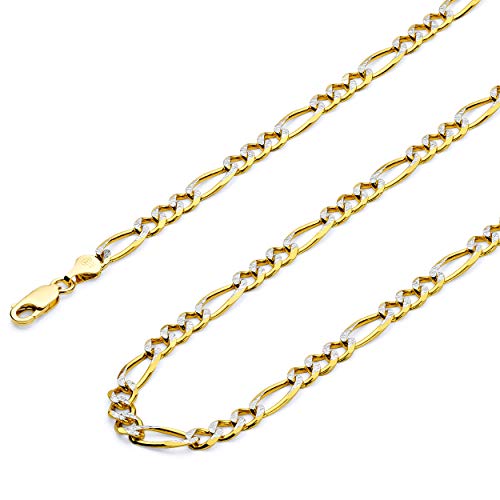 14k REAL Two Tone Gold Solid Men's 4.5mm Figaro White Pave Chain Bracelet with Lobster Claw Clasp - 7.5"