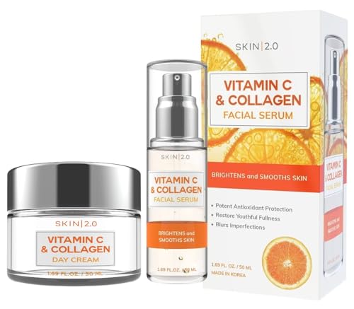 Skin 2.0 Vitamin C & Collagen Serum & Day Cream Set - Anti-Aging, Dark Spot Remover & Brightening - Dermatologist Tested Korean Skincare - Clean Beauty, Cruelty-Free, All Skin Types - 1.69 Fl. oz