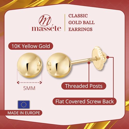 MASSETE 10k Yellow Gold Ball Stud Earrings for Women and Girls Screwback Nickel Free 5mm