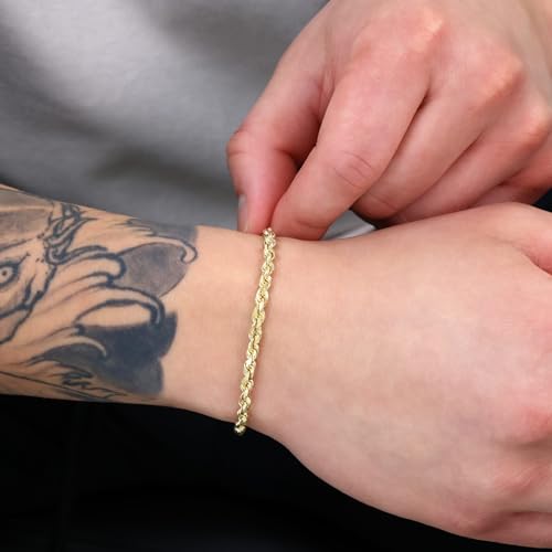 Nuragold 14k Real Yellow Gold Rope Chain 4mm Solid Diamond Cut Men Bracelet - 7.5"