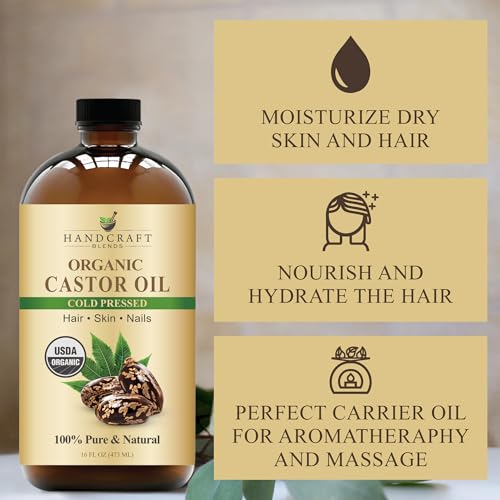 Handcraft Blends Cold-Pressed Organic Castor Oil 16 Fl Oz | Glass Bottle | 100% Pure and Natural | Premium Grade Carrier Oil | Hair, Eyelashes and Eyebrows | Hair and Body