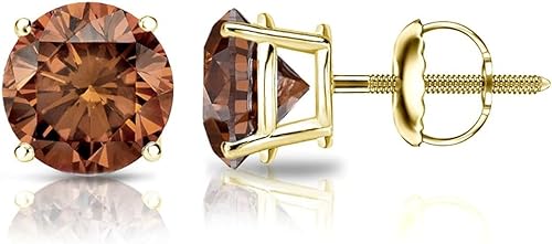Diamond Wish 14k Yellow Gold Round Brown Diamond 4-Prong Basket Stud Earrings (1/4 ct, Brown, SI2-I1)