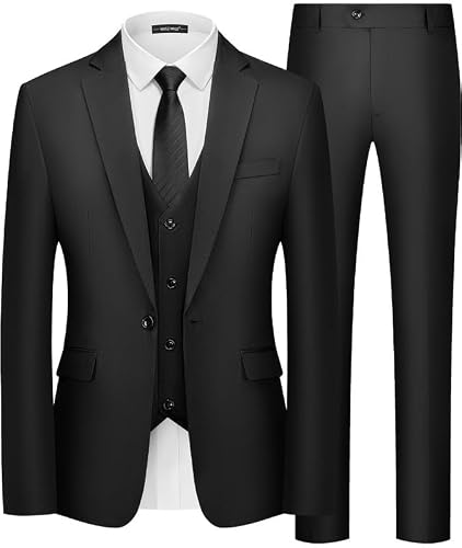 MAGE MALE Men's 3 Piece Suit Slim Fit One Button Business Wedding Formal Blazer Jacket Vest Pants Set Black