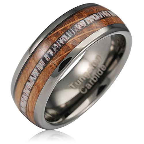 100S JEWELRY Gunmetal Gray Tungsten Rings For Men Whiskey Barrel Wood & Elk Anters Inlay Wedding Promise Engagement Band Size 6-16 (Gunmetal Gray, 10.5)