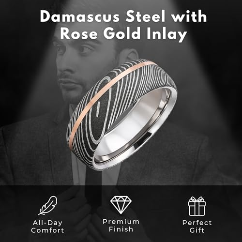 The Jewelry Source 7mm Damascus Steel Mens Ring with 14K Rose Gold Inlay – Comfort Fit Wedding Band – Textured Etched Grain Finish (8.75)