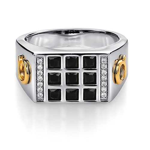 Gem Stone King Men's 925 Sterling Silver and 10K Yellow Gold Black Onyx and White Lab Grown Diamond Ring with Alpha Symbol (1.27 Cttw, Size 11)