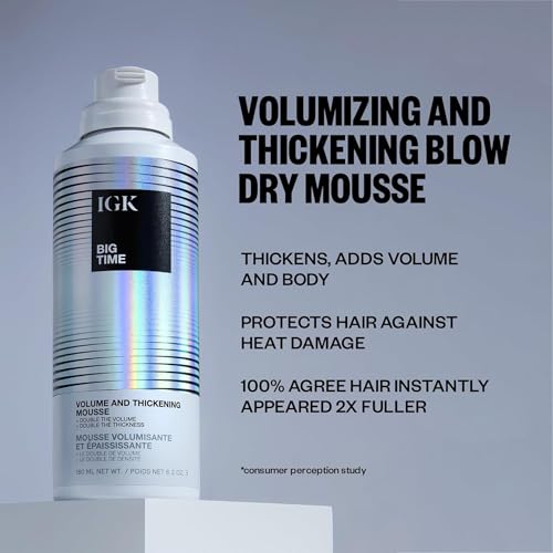 IGK Big Time Volume & Thickening Mousse for Fine, Flat & Curly Hair, 6.2 Oz