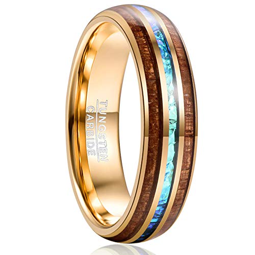 Vakki Rings for Men Women 6mm Gold Tungsten Wedding Bands Hawaiian Koa Wood and Blue Inlay 12