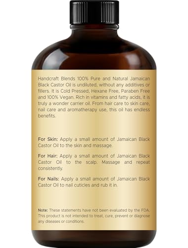 Handcraft Blends Cold-Pressed Jamaican Black Castor Oil 4 Fl Oz | Glass Bottle | Lash Brushes | 100% Pure and Natural | Premium Grade Carrier Oil | Hair, Eyelashes and Eyebrows | Hair and Body