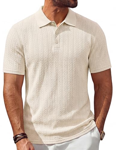PJ PAUL JONES Textured Polo Shirt for Men Casual Knit Short Sleeve Polo T Shirt Summer Casual Knitted Shirts Apricot L