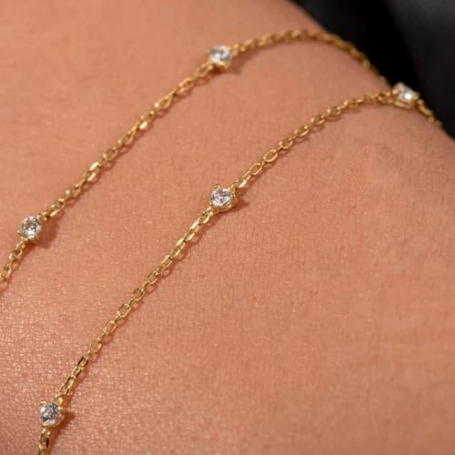Ethos Jewelry 14K Solid Yellow Gold 3-Diamond Station Bracelet (585) – Dainty 1mm Adjustable Chain, Minimalist Handmade Jewelry Gift for Women