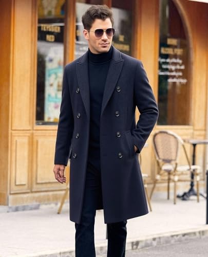HXW.GJQ Men's Premium Wool Blend Double Breasted Long Pea Coat (as1, alpha, l, regular, regular, Navy Blue)