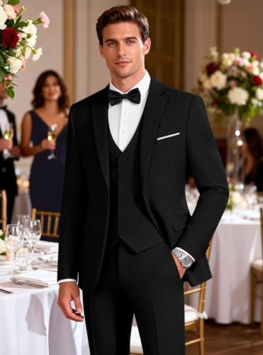 WULFUL Mens Suit 3 Piece Slim Fit Suits for Men One Button Blazer Jacket Pants Tuxedo Suit Set for Prom, Wedding and Business Black