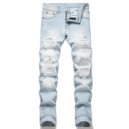 OIIIO Men's Ripped Slim Fit Straight Leg Jean Denim Pant (30, 30011 Blue)