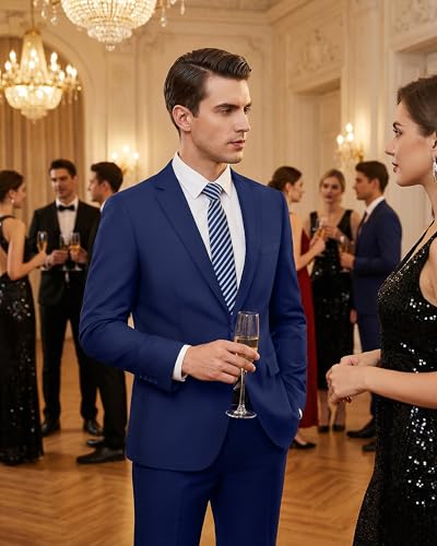 LUPURTY Men's 2 Piece Suits Slim Fit One Button Blazer Jacket Pants Tuxedo Set with Tie for Prom, Wedding and Business Navy