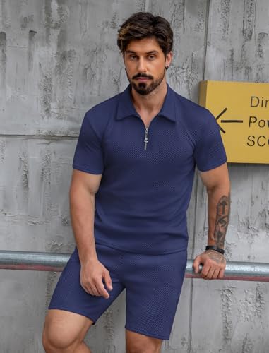 EISHOPEER Men's Luxury Textured Polo Set Comfort Zip Neck Elastic Waist Shorts Business & Party Wear Navy Large