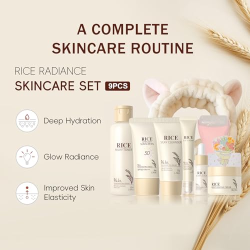 9PCS Rice Skincare Set for Women & Girls – Korean Skin Care Set with Rice Cleanser, Toner, Serum, Face Cream, Eye Cream, Sunscreen, Ice Roller, Headband & Card – Moisturizing & Skin Barrier Support