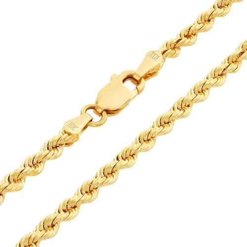 Nuragold 10k Real Yellow Gold Rope Chain 3mm Diamond Cut Bracelet or Anklet - 7"
