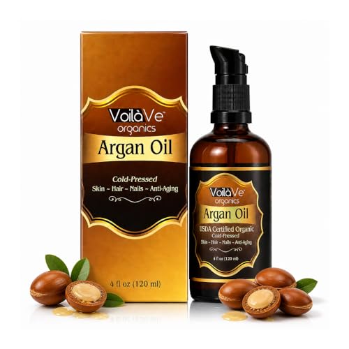 VoilaVe USDA Pure Organic Moroccan Argan Oil for Skin, Nails & Hair Growth, Anti-Aging Face Moisturizer, Cold Pressed, Hair Moisturizer, Rich in Vitamin E, As Seen On TV - 4 fl oz