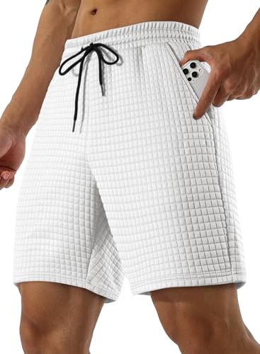JMIERR Mens Casual Gym Shorts Stretch Elastic Waist Drawstring Waffle Workout Gym Shorts Lounge Basketball Running Joggers Shorts with Pockets,US 34(M),White