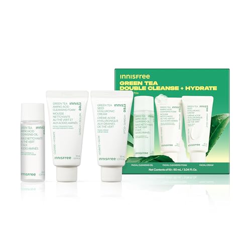 innisfree Green Tea Double Cleanse + Hydrate Trio | Korean Skincare Set with Hydrating Cleansing Oil, Face Wash, and Moisturizer | Gentle Lather | Sulfate-Free | Available in Gift Sets