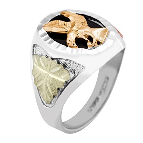 Men's 10k Yellow Gold Eagle and Onyx Ring, Sterling Silver, 12k Green and Rose Gold Black Hills Gold Motif, Size 9