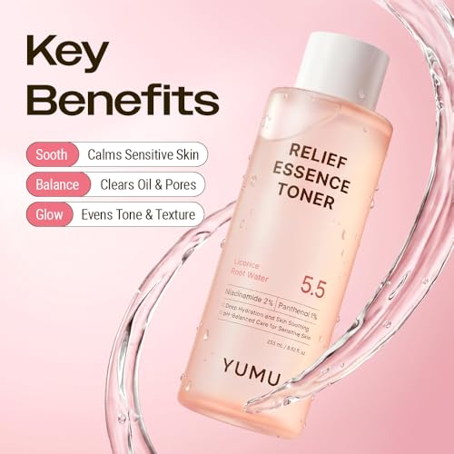 YUMU Licorice Relief Essence Toner for Sensitive Skin, Niacinamide, Panthenol, Fragrance-Free, Soothing & Hydrating (255ml / 8.62 fl. oz.)