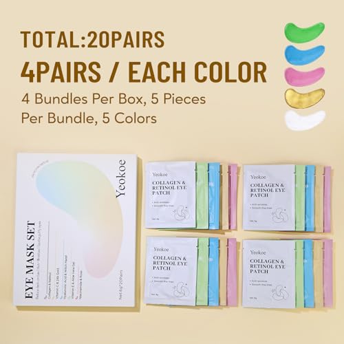Yeokoe Under Eye Patches for Dark Circles,Eye Mask for Puffy Eyes With Collagen,Retinol,Vitmin C,Hyaluronic Acid and Niacinamide Face Masks Skincare Spa Gifts for Woman 20Pairs