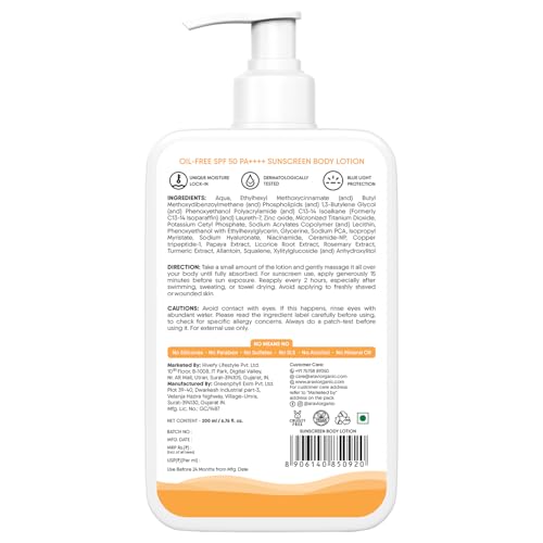 Aravi Organic Daily Oil-Free Body Sunscreen Lotion SPF 50 Broad Spectrum 80-Min Water Resistant | Niacinamide + Hyaluronic Acid + Copper Peptide | Reef Safe Vegan Oxybenzone Free | 6.76 Fl Oz