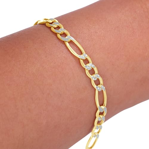 Nuragold 10k Real Yellow Gold Figaro 5.5mm Pave Diamond Cut Chain Bracelet - 8"