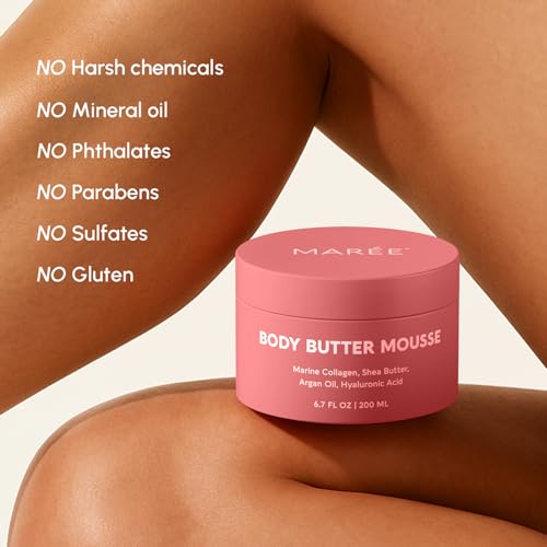 MAREE Body Butter Cream – Whipped Body Butter for Women Smell Good – Ayurvedic Skin Care – Body Moisturizer for Dry Skin – Vanilla Shea Butter Cream for Women & Men with Marine Collagen & Argan Oil