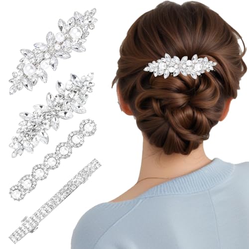 Nogeqi 4PCS Sparkly Rhinestone Hair Clips for Women, Silver Flower Crystal Hair Clips, Metal Alloy Rhinestone Barrettes Accessories for Wedding, Party, Everyday