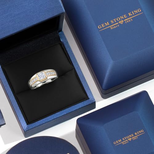 Gem Stone King Princess Cut Ring For Men | 5MM Princess Cut Gemstone Birthstone and 2.4MM Round Lab Grown Diamond | 925 Silver and 10K Yellow Gold | Available in Size 7-13