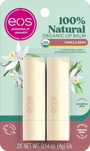 eos 100% Natural & Organic Lip Balm Sticks - Vanilla Bean, All Natural Lip Balm, All-Day Moisture, Dermatologist Recommended, 0.14 oz, 2-Pack