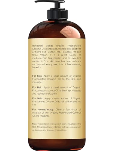 Handcraft Blends Organic Fractionated Coconut Oil | 100% Pure and Natural | Bath & Body Oil | Premium Grade Carrier Oil | Skin | Hair | Body | Massage | Hexane-Free | 16 Fl Oz