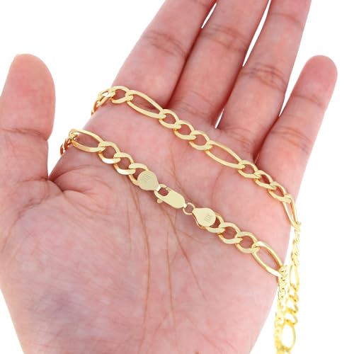 Nuragold 10K Real Yellow Gold Figaro Solid Link Chain Bracelet Men & Women - 7",6.5mm